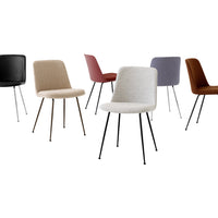 Colorful modern chairs in shades of black, beige, red, purple, and brown with minimalist design and sleek legs.