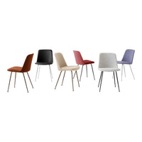 Set of modern dining chairs in brown, black, beige, red, gray, and lavender hues with sleek metal legs.