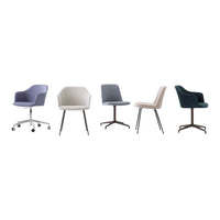 Set of five modern chairs in various colors: purple, beige, grey, light grey, and teal with sleek patterns and finishes.