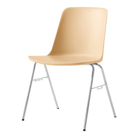 Beige plastic chair with a smooth finish and sleek chrome legs, perfect for modern, minimalist decor.