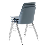 Stacked chairs in soft blue with a sleek chrome frame, showcasing a modern minimalist design.
