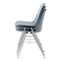 Stacked modern chairs in soft blue with a sleek chrome base, showcasing minimalist design and smooth curves.