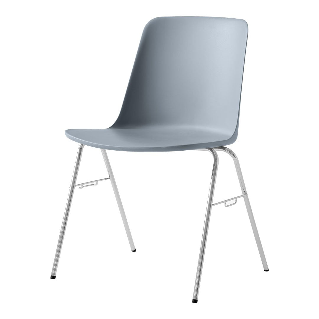 Light gray plastic chair with a sleek design and shiny silver legs, perfect for modern decor.