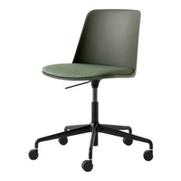 Green upholstered office chair with a sleek black metal base and minimalist design. Perfect for modern workspaces.