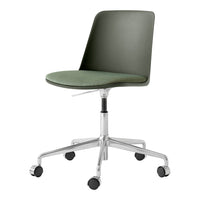 Modern green office chair with sleek lines and a matte finish, featuring a chrome base and rolling casters for mobility.