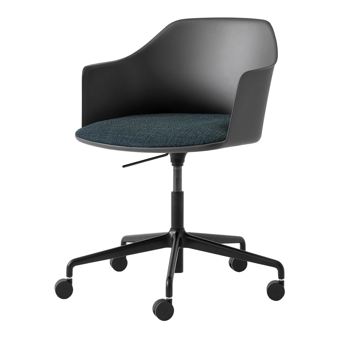 Modern black swivel chair with a dark teal upholstered seat, featuring a sleek, minimalist design.