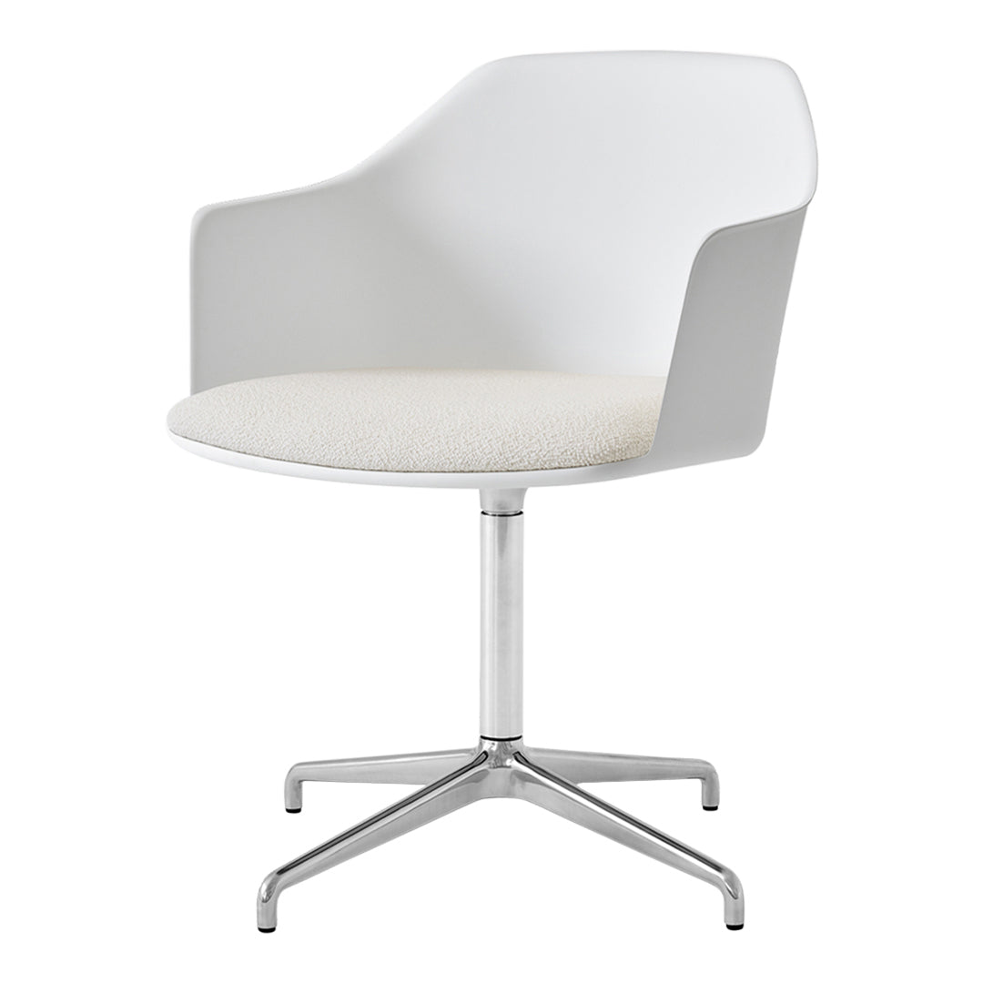 White modern chair with a sleek design, featuring a soft cream seat and a shiny silver base.