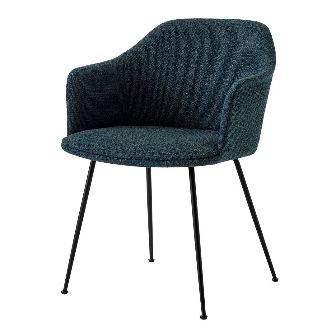 Teal upholstered chair with a textured pattern and sleek black metal legs, perfect for modern interiors.
