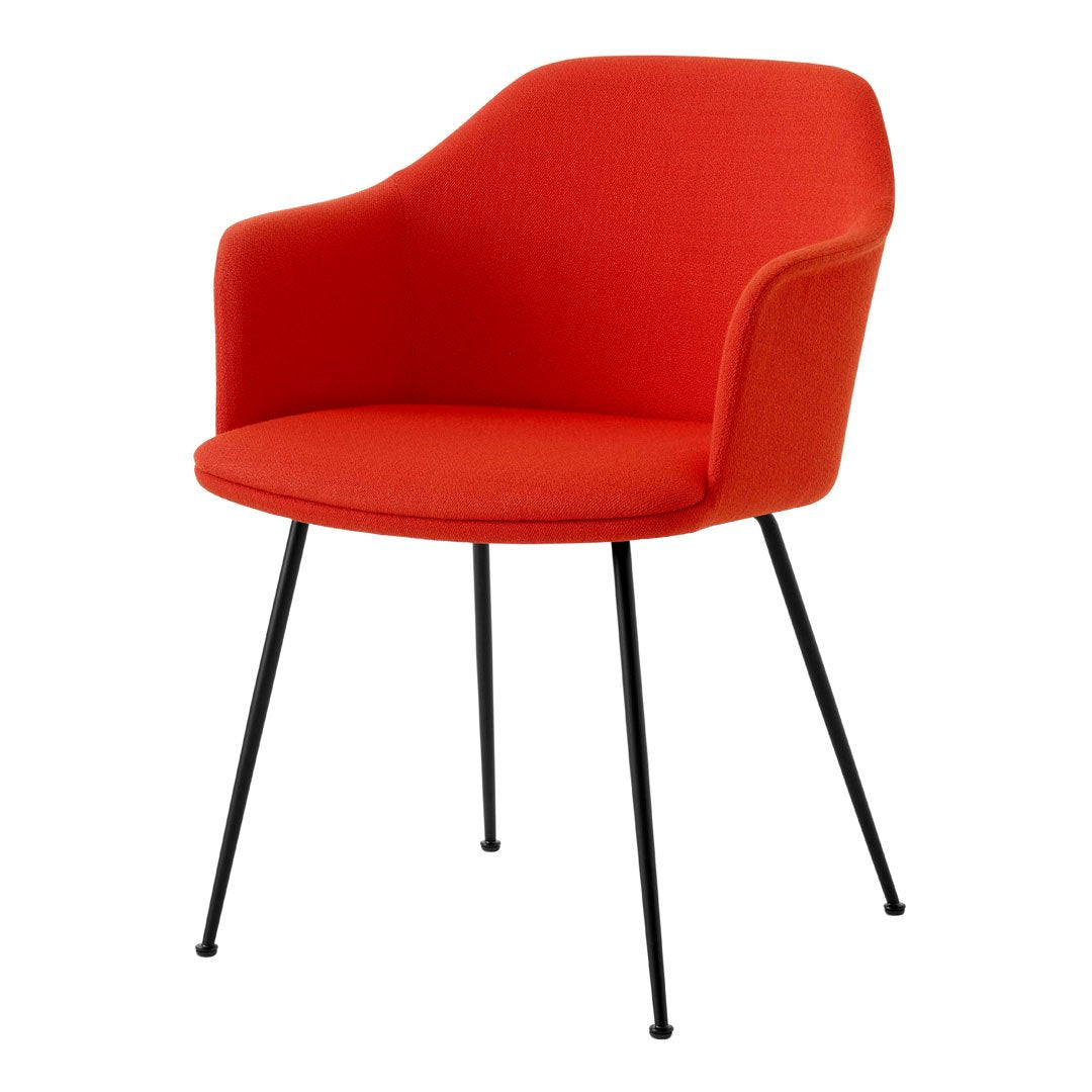 Vibrant red upholstered chair with sleek black metal legs, featuring a modern, minimalist design.