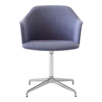 Modern swivel chair in soft lavender fabric with a smooth, textured finish and sleek silver base.