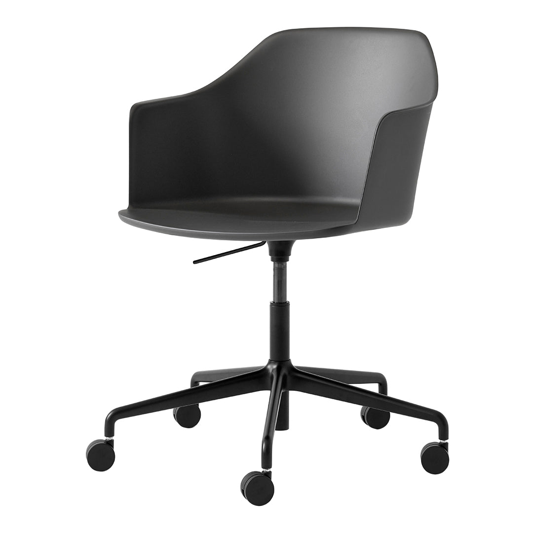 Sleek black ergonomic chair with a modern design, featuring a smooth finish and a minimalist aesthetic.