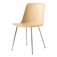 Beige modern chair with a sleek, minimalist design and chrome legs. Perfect for contemporary interiors.