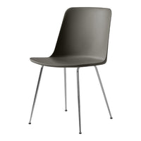 Stylish dark gray chair with sleek chrome legs, featuring a minimalist design and smooth, curved seat.