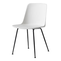 White chair with a smooth finish and sleek black metal legs, showcasing a minimalist design.