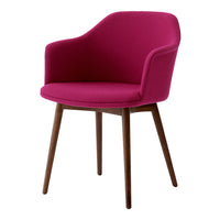 Fuchsia upholstered chair with curved back and wooden legs, featuring a solid color design. Perfect for modern decor.