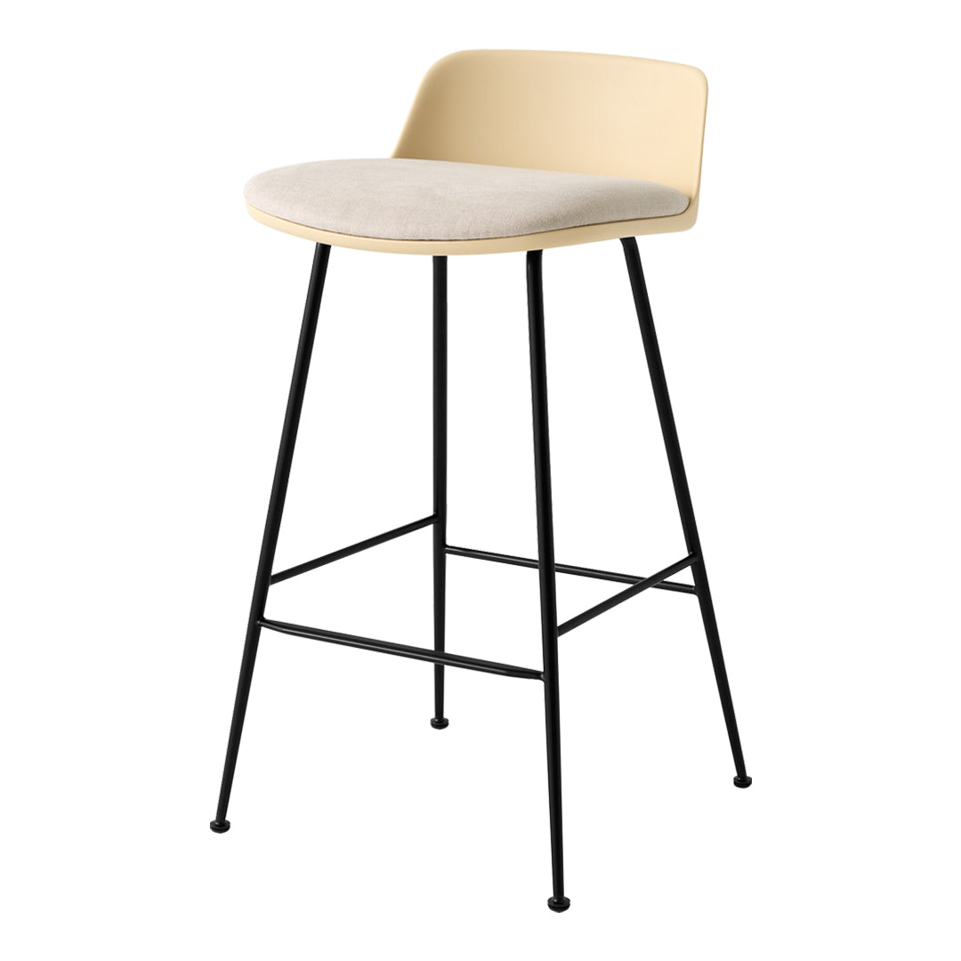 Cream upholstered bar stool with a sleek black metal frame, featuring a minimalist design and subtle textures.