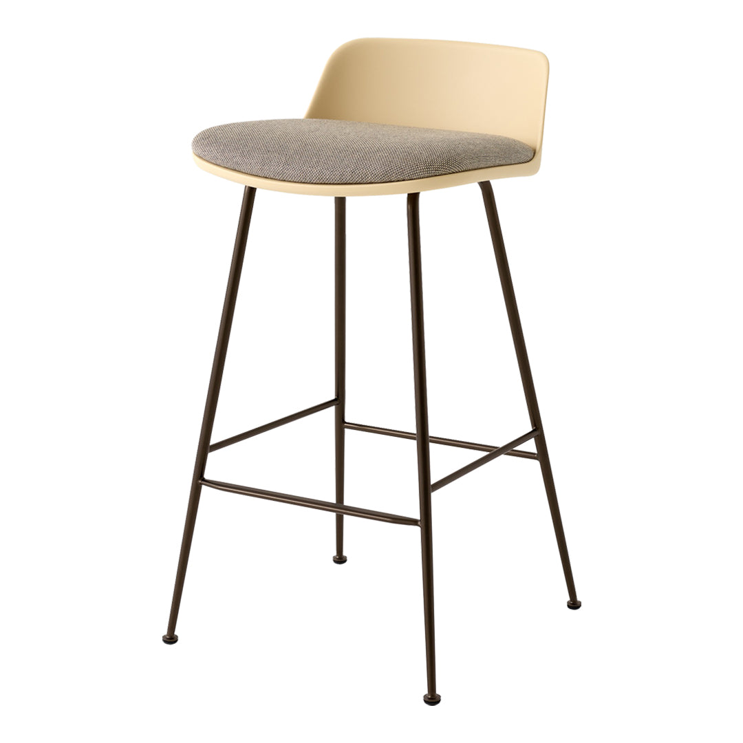 Beige bar stool with a gray fabric seat and black metal legs, featuring a minimalist design.