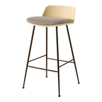 Beige bar stool with a gray fabric seat and black metal legs, featuring a minimalist design.