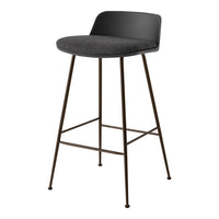 Black upholstered stool with a sleek, modern design and bronze metal legs. Perfect for contemporary spaces.