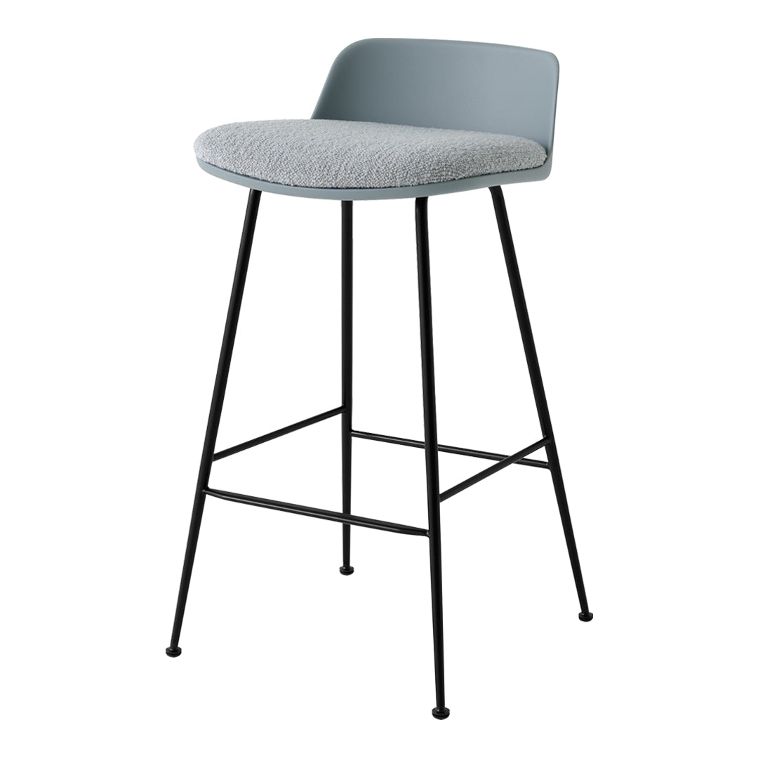 Gray upholstered stool with a light gray plastic back and black metal legs, featuring a minimalist design.