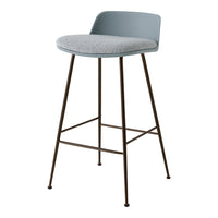 Light blue bar stool with a gray upholstered seat and brown metal legs, featuring a sleek, modern design.