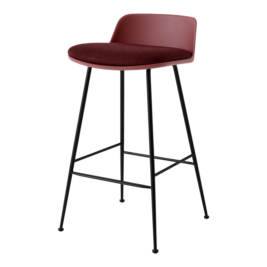 Burgundy upholstered bar stool with sleek black metal legs, featuring a modern minimalist design.