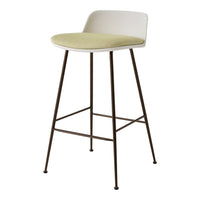 Modern bar stool with a white backrest, green cushion seat, and sleek brown metal legs. Perfect for stylish spaces.