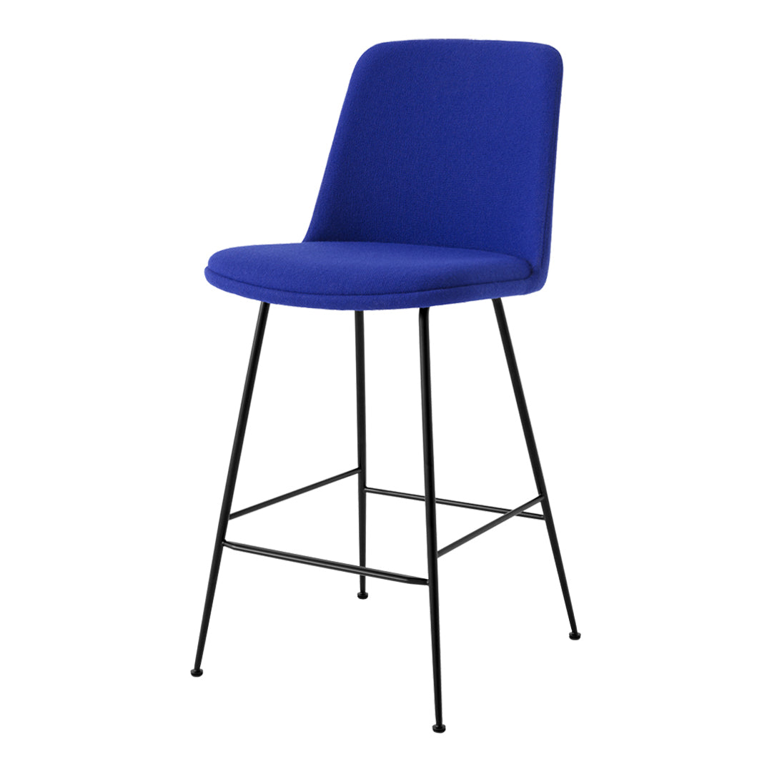 Vibrant blue upholstered bar stool with sleek black metal legs, perfect for modern decor.