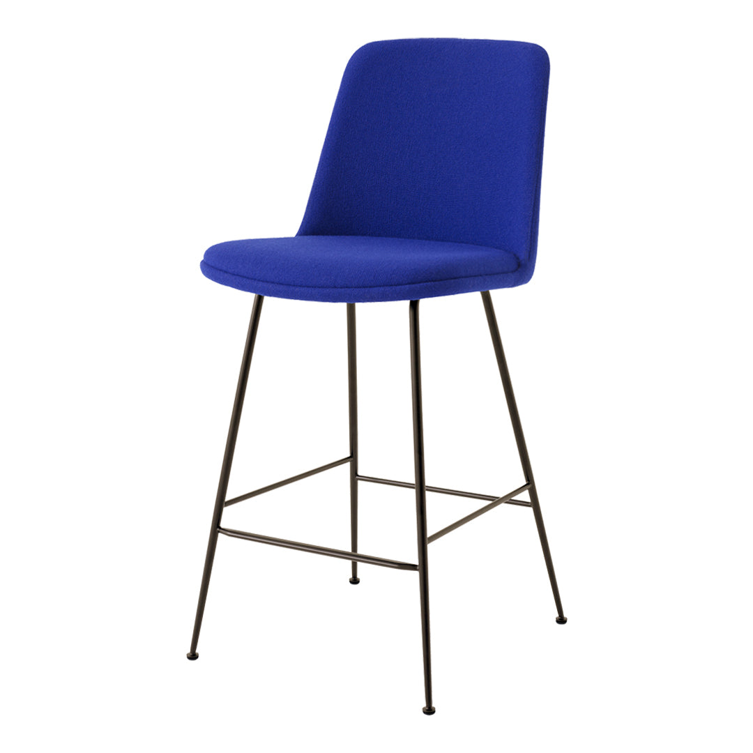 Blue upholstered barstool with a sleek black metal frame, perfect for modern decor.