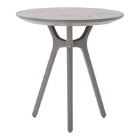 Gray round side table with a smooth surface and minimalist design, featuring three sleek legs for modern decor.