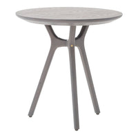 Gray round accent table with a textured surface and modern tripod legs, perfect for minimalist decor.
