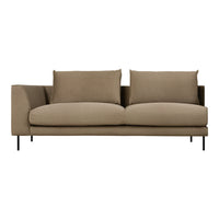 Modern taupe sofa with clean lines and plush cushions, featuring a minimalist design and black metal legs.