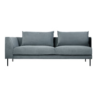 Light gray modern sofa with clean lines and soft textured fabric, featuring two plush cushions and sleek black legs.