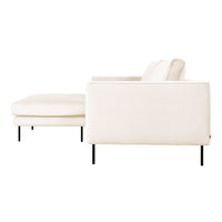 Modern cream sofa with a sleek design, featuring a solid black metal frame and no visible patterns.