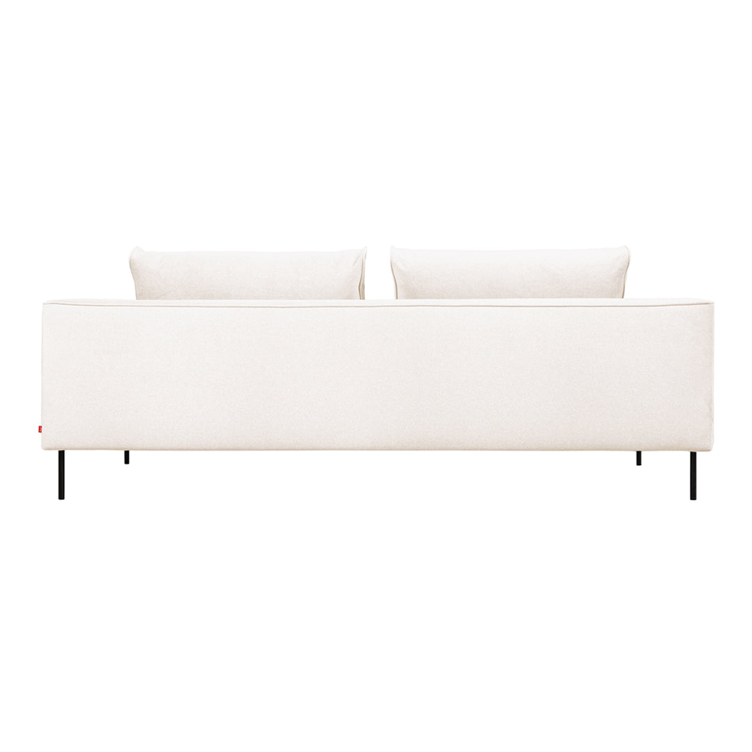 White modern sofa with clean lines and two soft cushions, featuring a minimalist design on sleek black legs.
