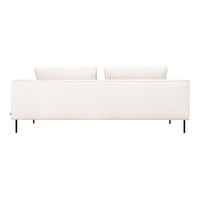 White modern sofa with clean lines and two soft cushions, featuring a minimalist design on sleek black legs.