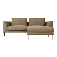 Modern brown sectional sofa with plush cushions and sleek black legs, featuring a simple, solid design.