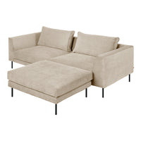 Beige sectional sofa with soft fabric and minimalist design, featuring clean lines and a matching ottoman.