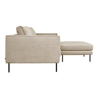 Beige upholstered sofa with textured fabric and modest black metal legs, featuring a minimalist design.