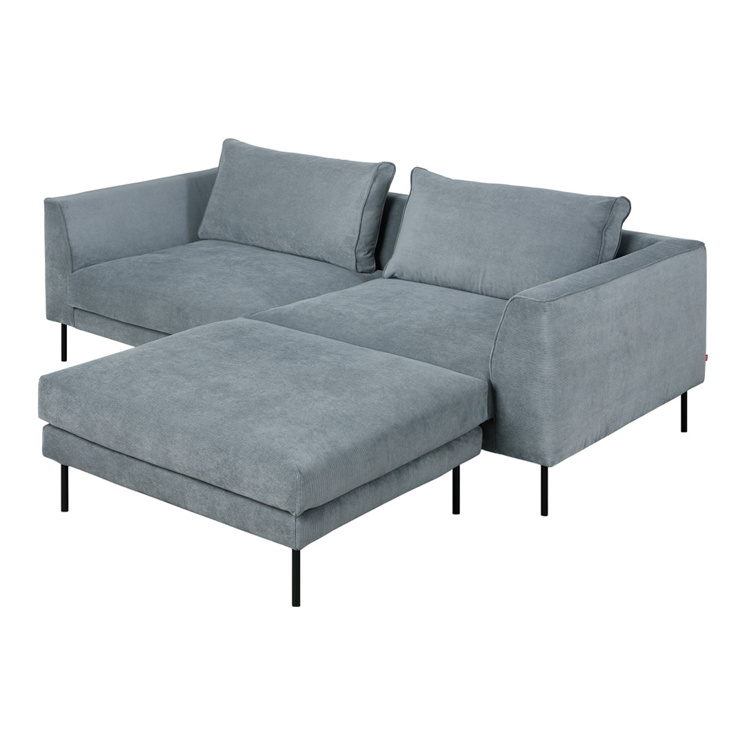 Gray fabric sectional sofa with a solid pattern and sleek black metal legs. Perfect for modern living spaces.