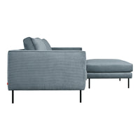 Modern light gray sofa with clean lines and subtle texture, complemented by sleek black metal legs.
