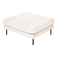 "Soft white fabric ottoman with a minimalist design and sleek black legs, ideal for modern decor."