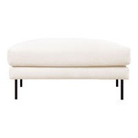 Soft white upholstered ottoman with a clean design, complemented by sleek black metal legs. Perfect for modern decor.