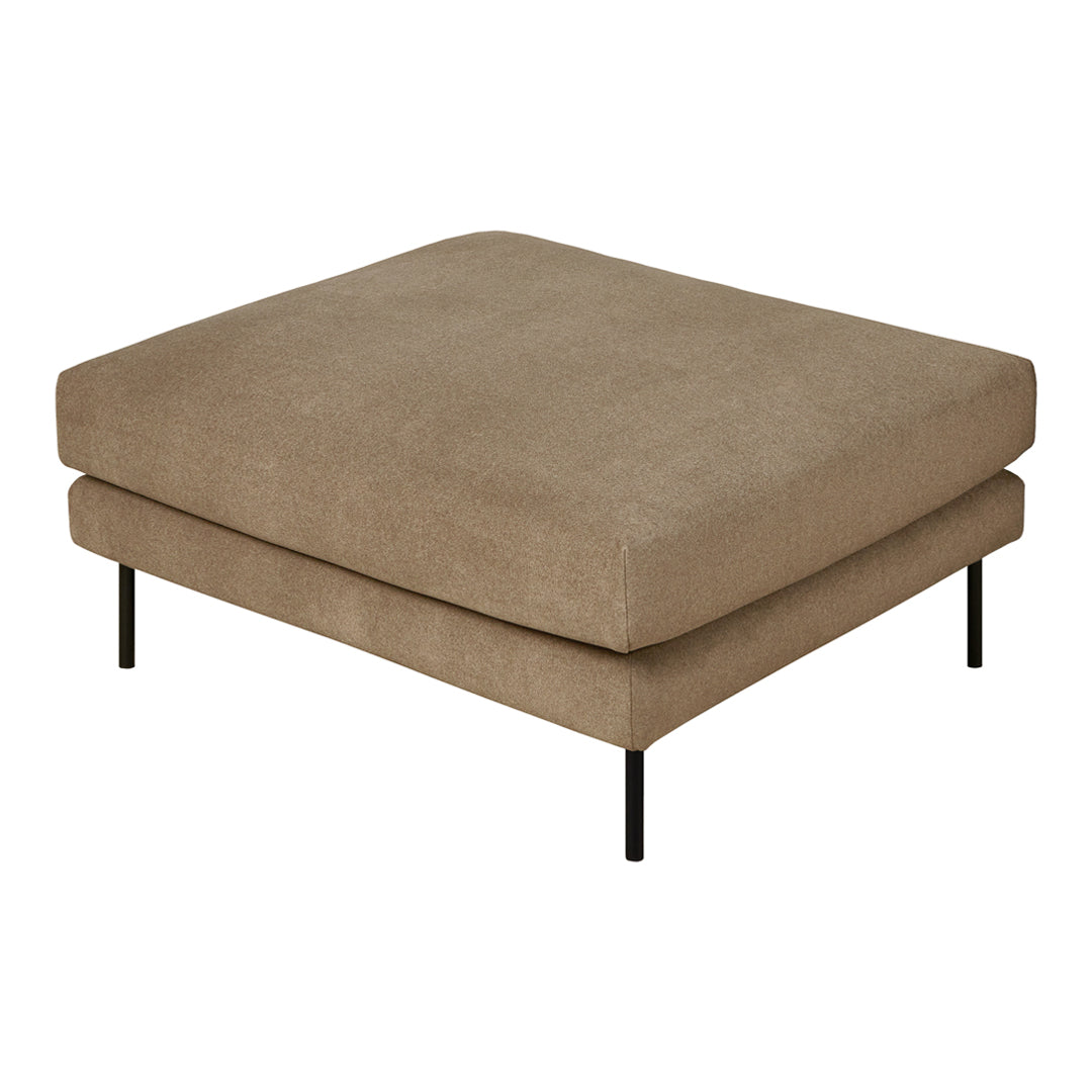 Tan square ottoman with a smooth fabric finish and sleek black legs, perfect for modern decor.