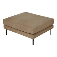 Tan square ottoman with a smooth fabric finish and sleek black legs, perfect for modern decor.