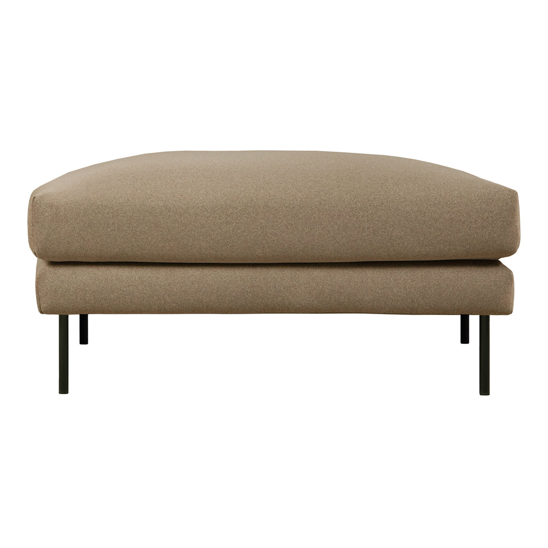 Beige upholstered ottoman with sleek black metal legs, featuring a smooth, minimalistic design.