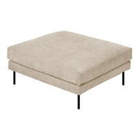 Beige square ottoman with a smooth, textured surface and sleek black metal legs. Perfect for modern decor.