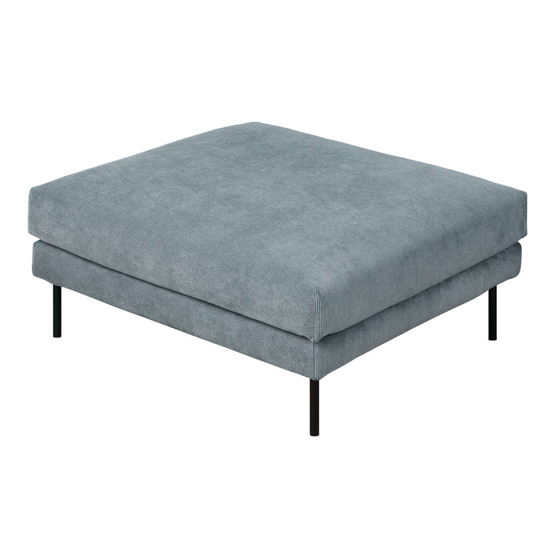 Light gray square ottoman with a soft texture and sleek black metal legs, ideal for modern decor.