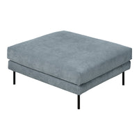 Light gray square ottoman with a soft texture and sleek black metal legs, ideal for modern decor.
