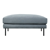 Sleek gray upholstered ottoman with a smooth texture and minimalist black metal legs. Perfect for modern decor.
